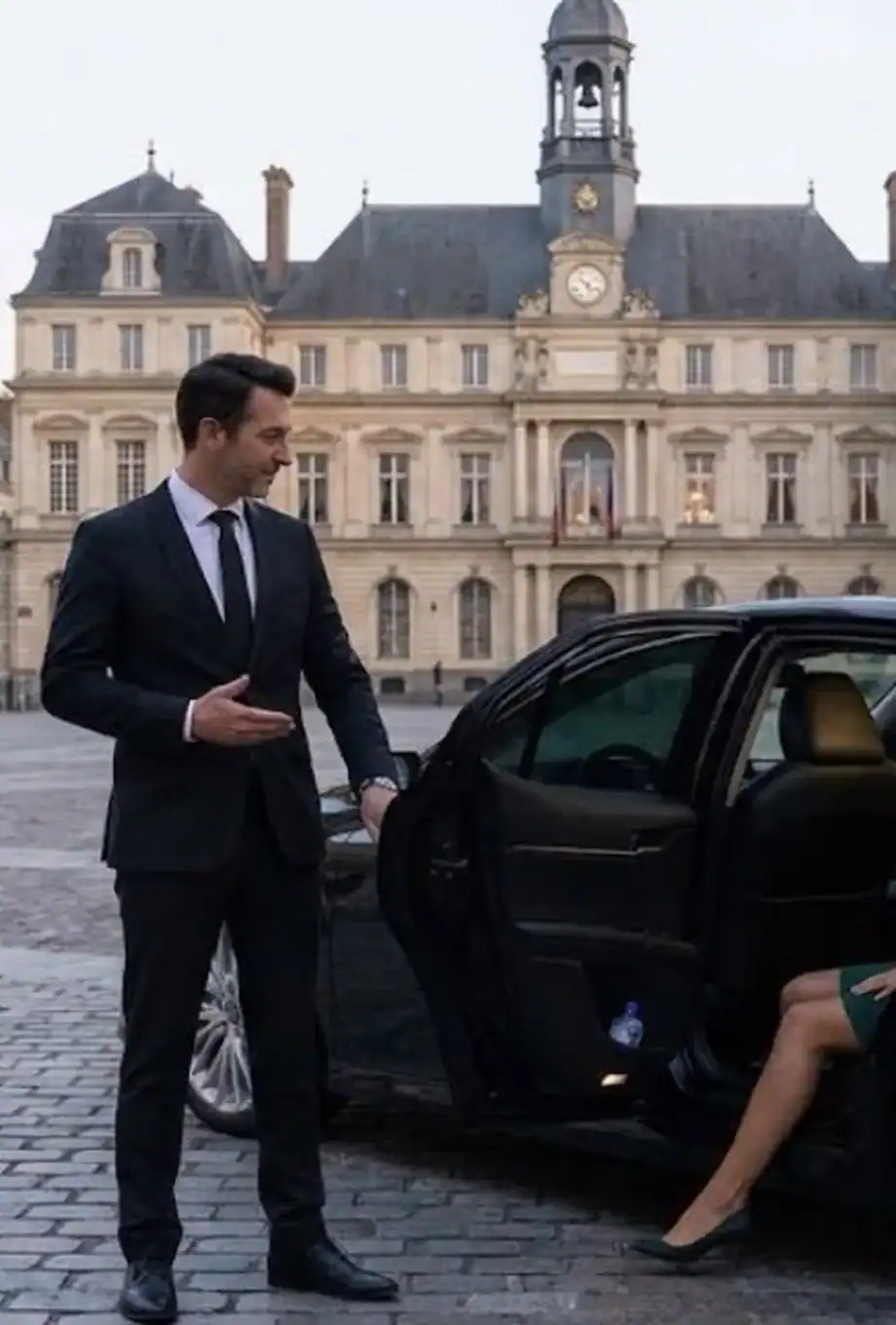 Chauffeur privé ouvrant la portière d’une Toyota Camry noire à une cliente, place de l’hôtel de ville de Rennes