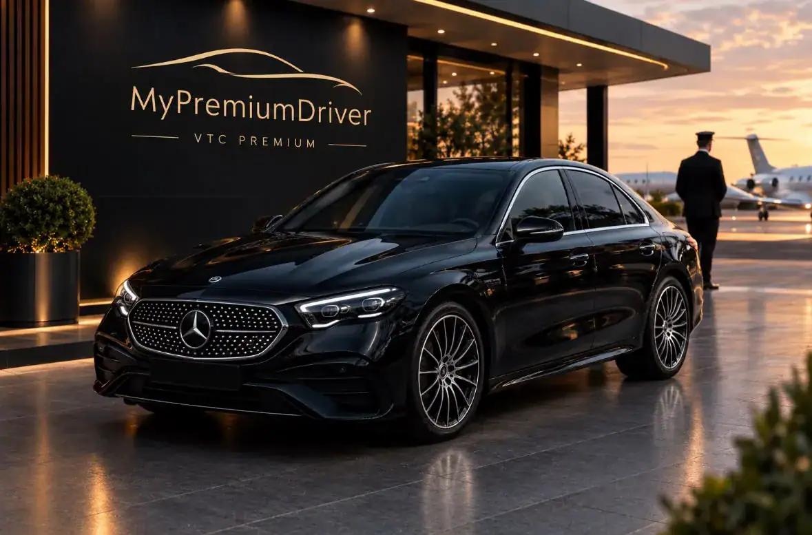 Mercedes Classe E noire, berline affaires et luxe de chauffeur privé à Rennes