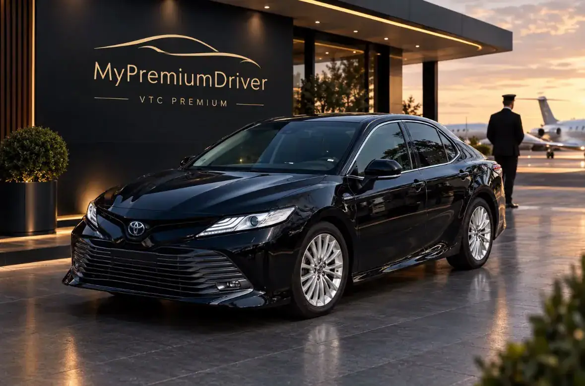 Toyota Camry hybride noire, berline standard de chauffeur privé à Rennes
