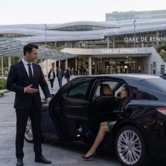 Chauffeur privé accueillant une cliente dans une Toyota Camry noire devant la gare de Rennes