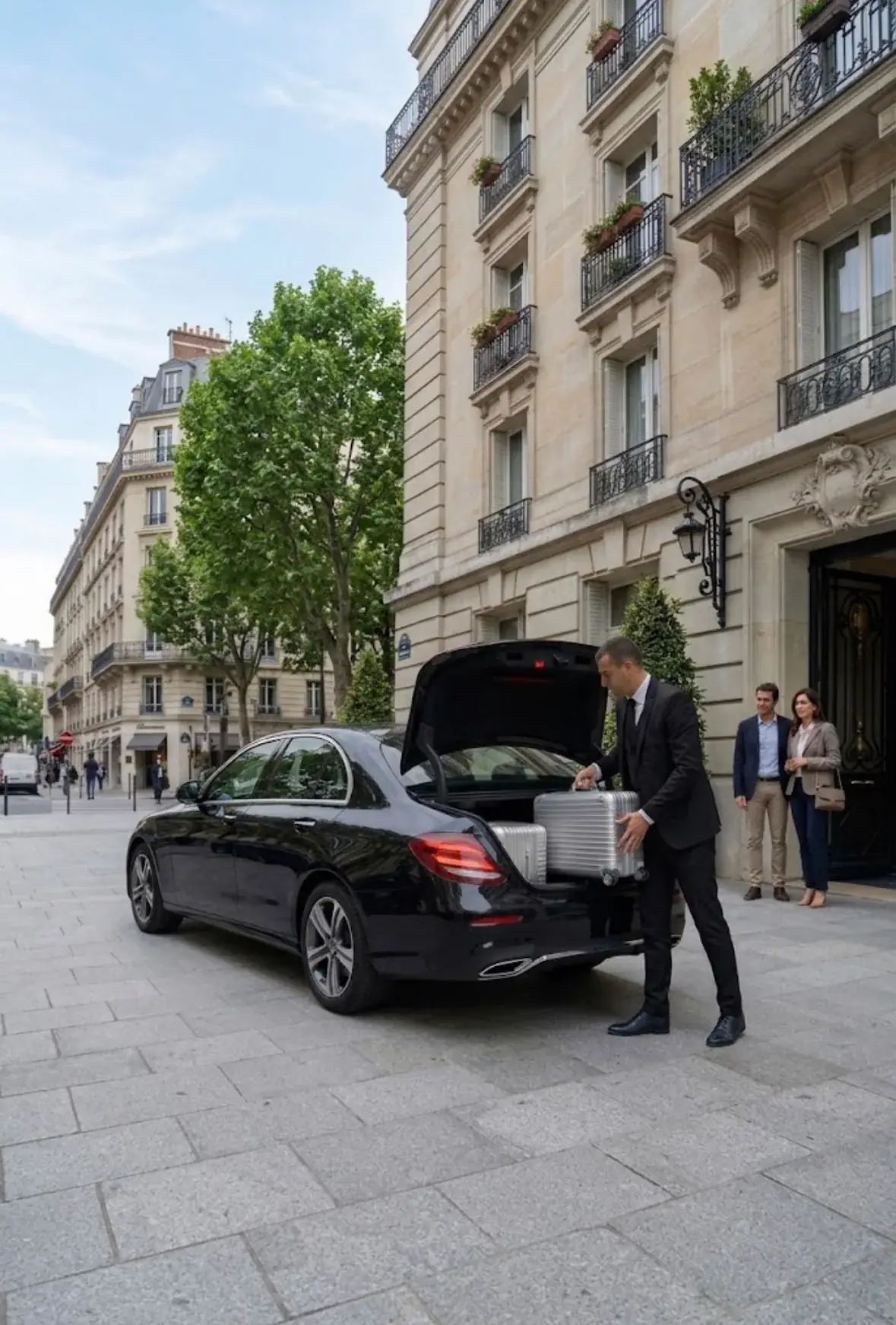 Chauffeur privé chargeant les valises dans le coffre d’une berline Mercedes noire, transfert aéroport