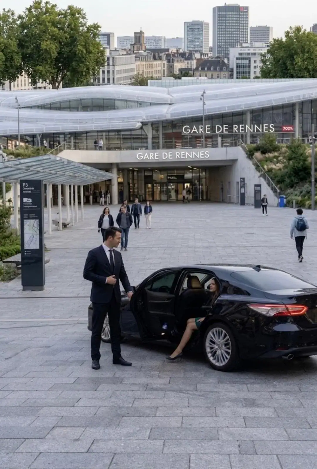 Chauffeur privé ouvrant la portière d’une Toyota Camry noire à une cliente sur le parvis de la gare de Rennes